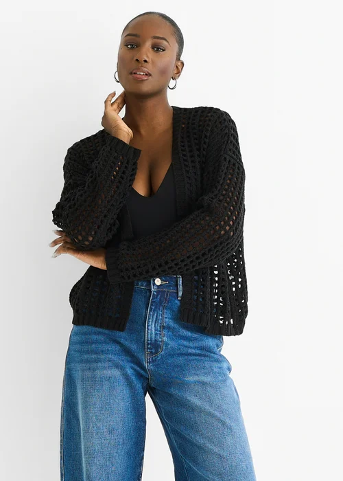 Gini London Black Open Knit Edge to Edge Cardigan - L/XL Image 3
