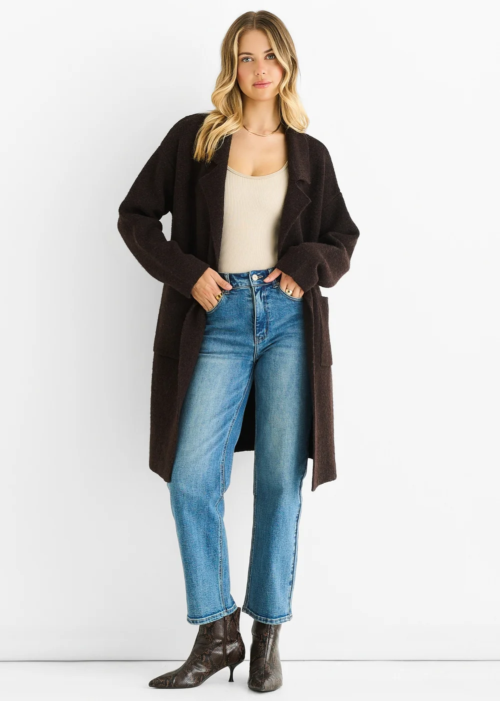 Gini London Chocolate Wool Mix Longline Edge to Edge Cardigan - Medium/Large Image 1