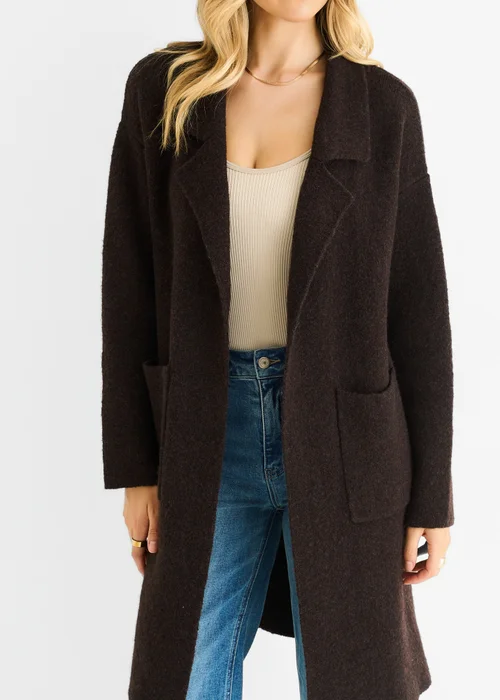 Gini London Chocolate Wool Mix Longline Edge to Edge Cardigan - Medium/Large Image 3