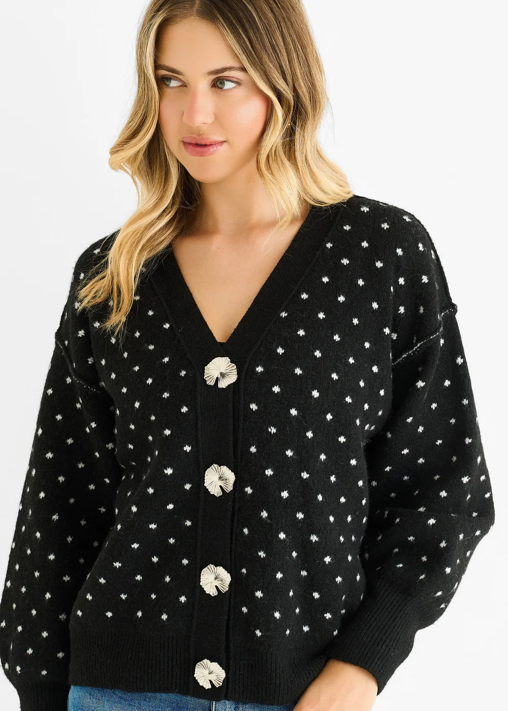 Gini London Black Spot Print Button Cardigan Look Jumper - M/L Image 3