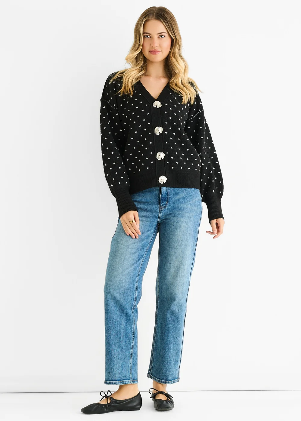 Gini London Black Spot Print Button Cardigan Look Jumper - M/L Image 1