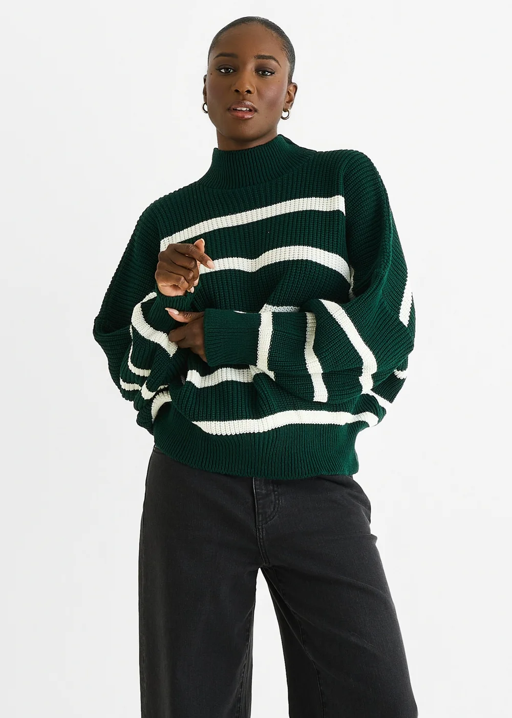Gini London Green Chunky Knit High Neck Jumper - M/L Image 3