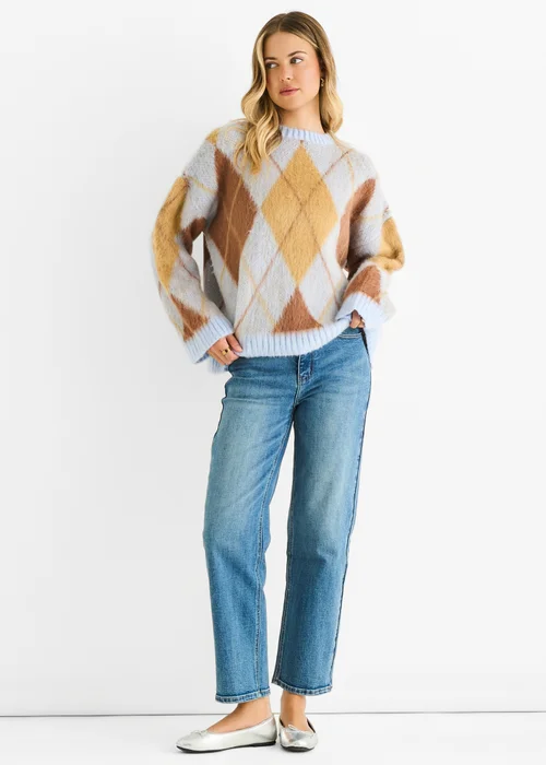 Gini London Blue Argyle Knit Round Neck Jumper - M/L Image 1