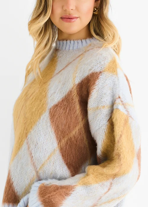 Gini London Blue Argyle Knit Round Neck Jumper - M/L Image 4