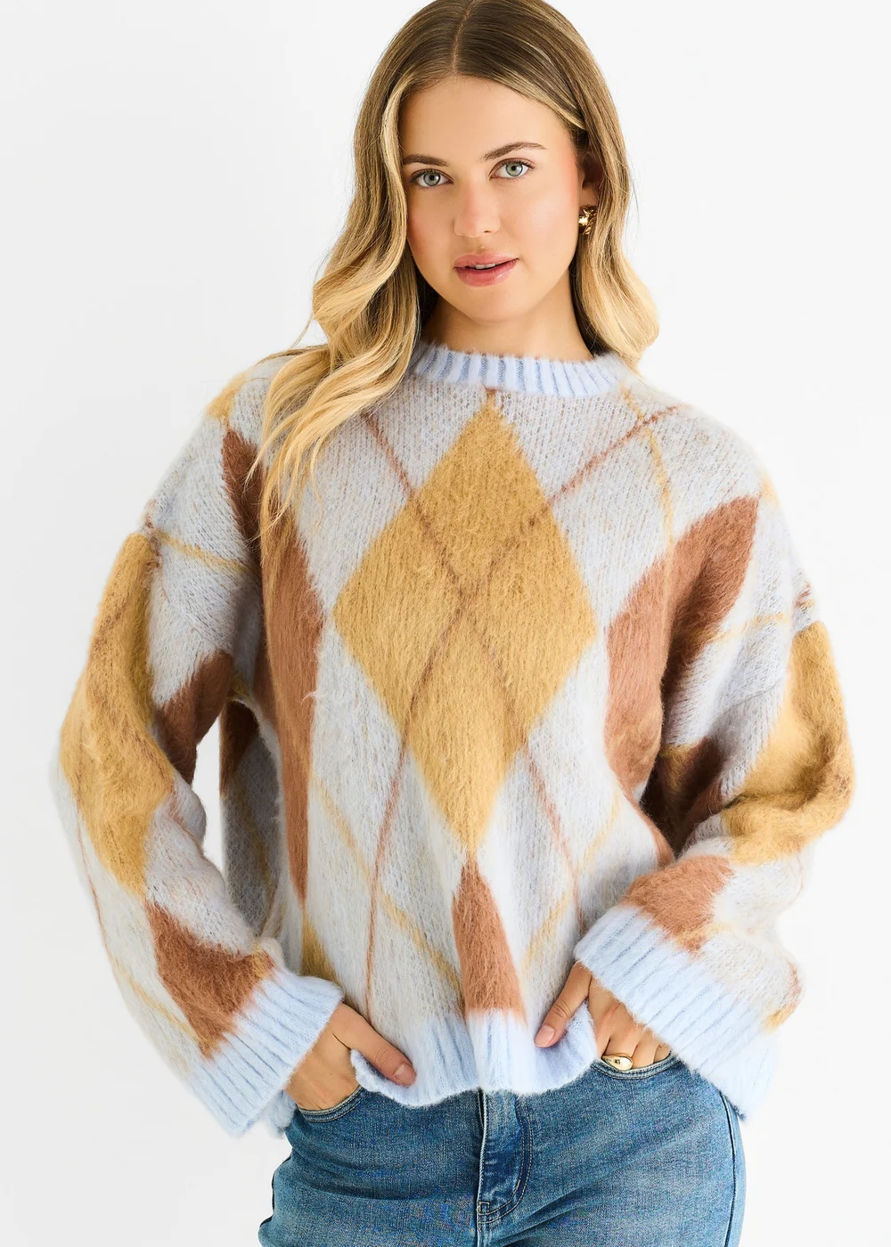 Gini London Blue Argyle Knit Round Neck Jumper - M/L Image 3