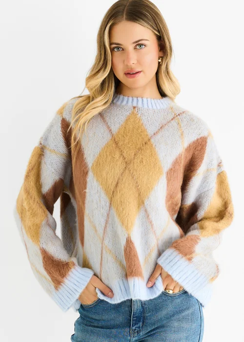 Gini London Blue Argyle Knit Round Neck Jumper - M/L Image 3