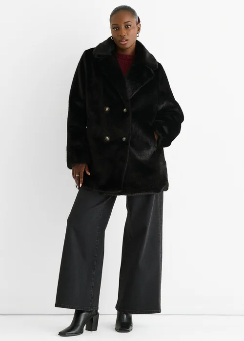 Gini London Black Faux Fur Double Breasted Longline Jacket - L/XL Image 1