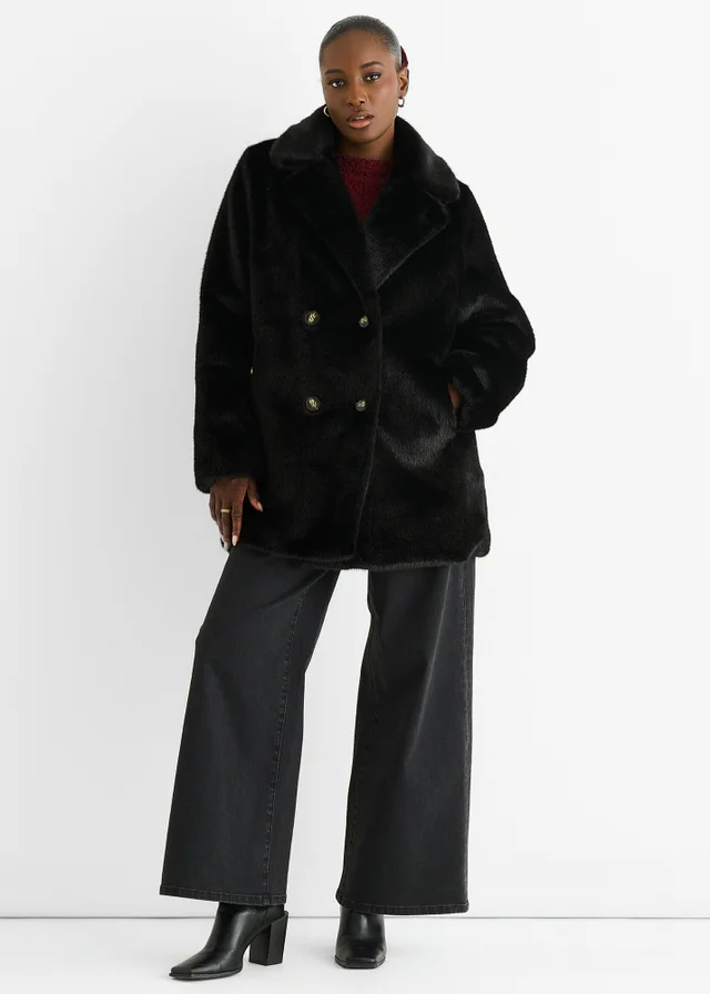 Gini London Black Faux Fur Double Breasted Longline Jacket