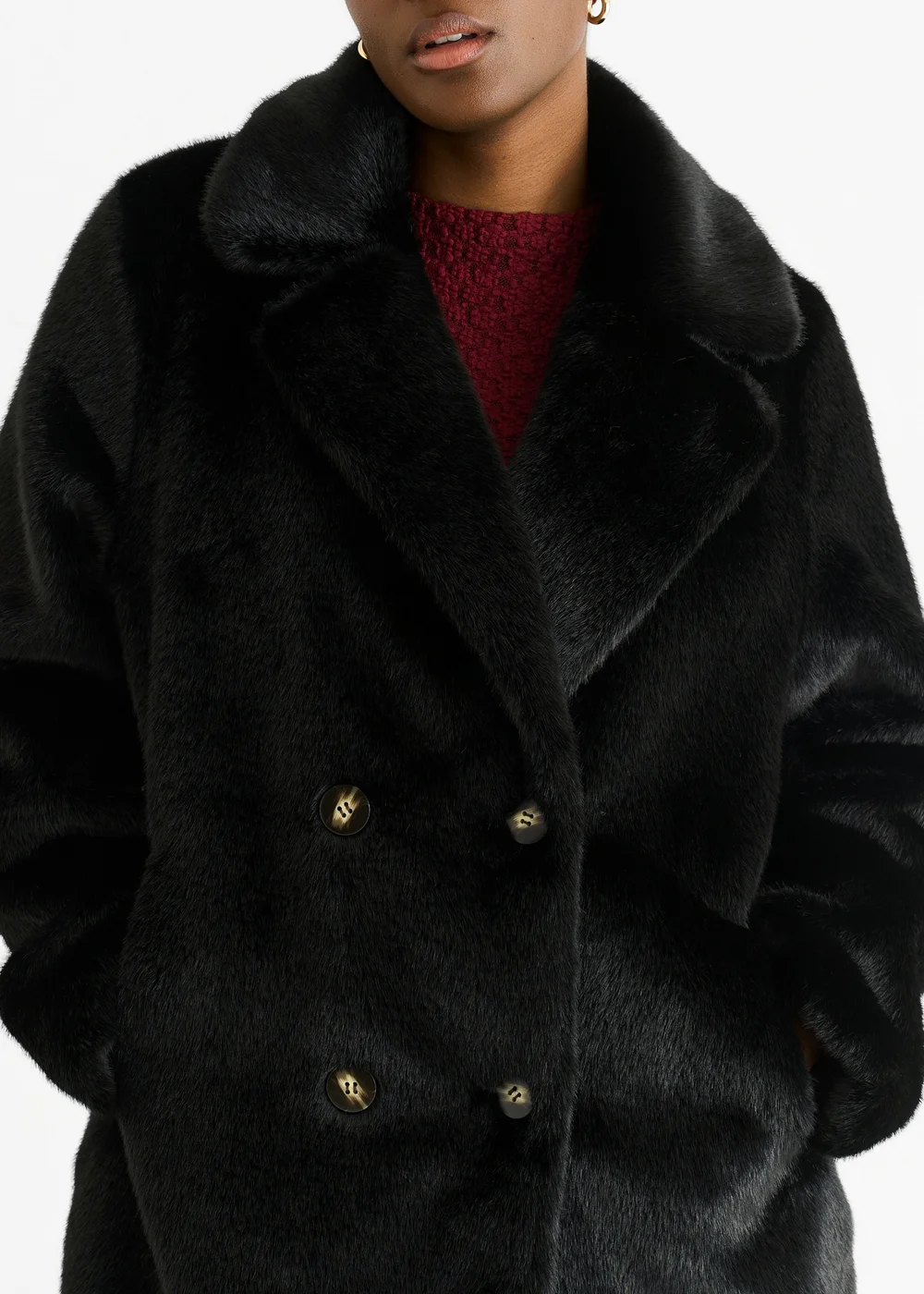 Gini London Black Faux Fur Double Breasted Longline Jacket - L/XL Image 3