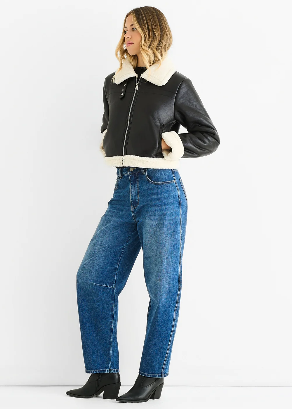 Gini London Black Faux Leather Shearling Fur Aviator Jacket - 16 Image 4