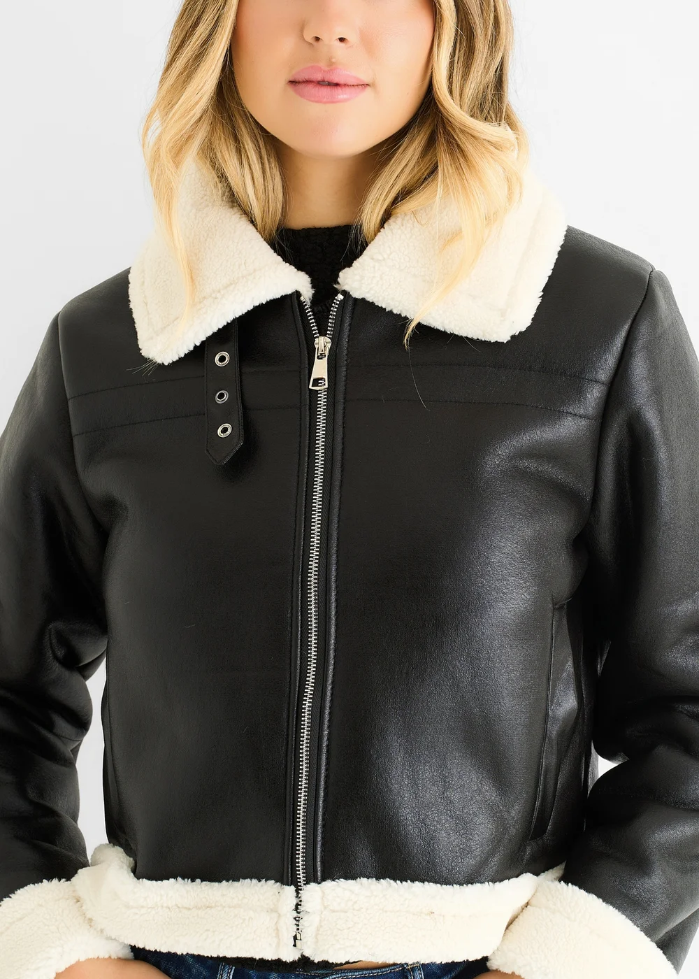 Gini London Black Faux Leather Shearling Fur Aviator Jacket - 16 Image 3