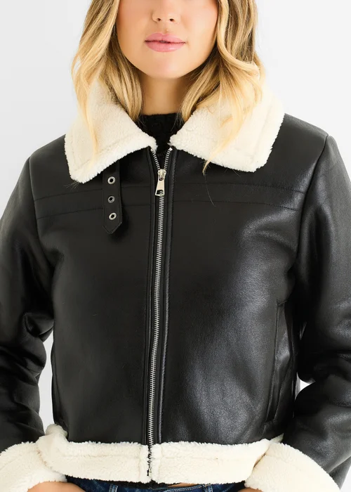 Gini London Black Faux Leather Shearling Fur Aviator Jacket - 16 Image 3