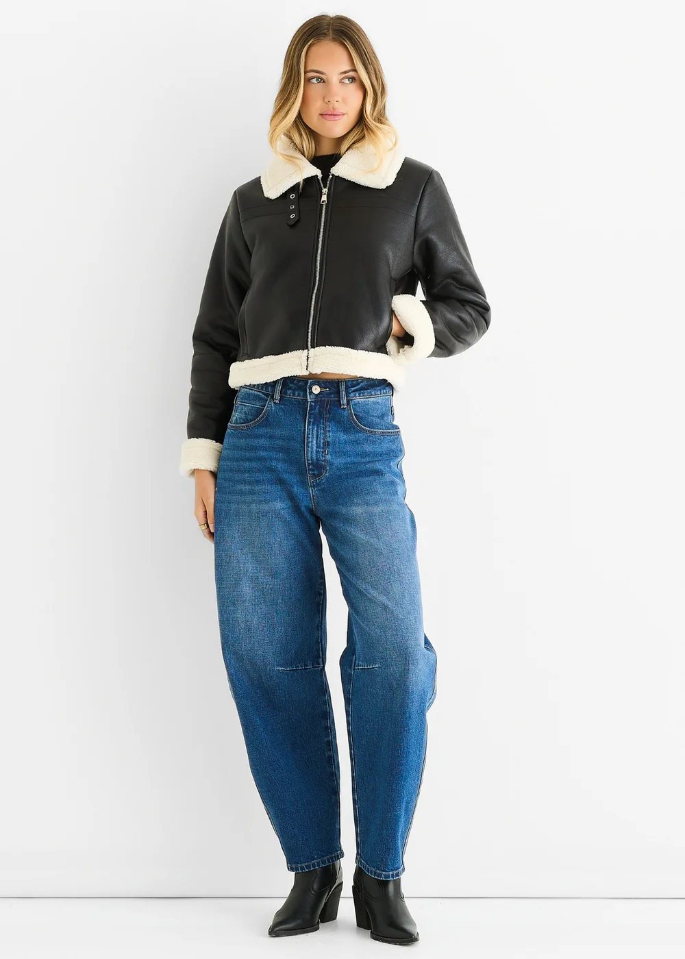 Gini London Black Faux Leather Shearling Fur Aviator Jacket - 16 Image 1