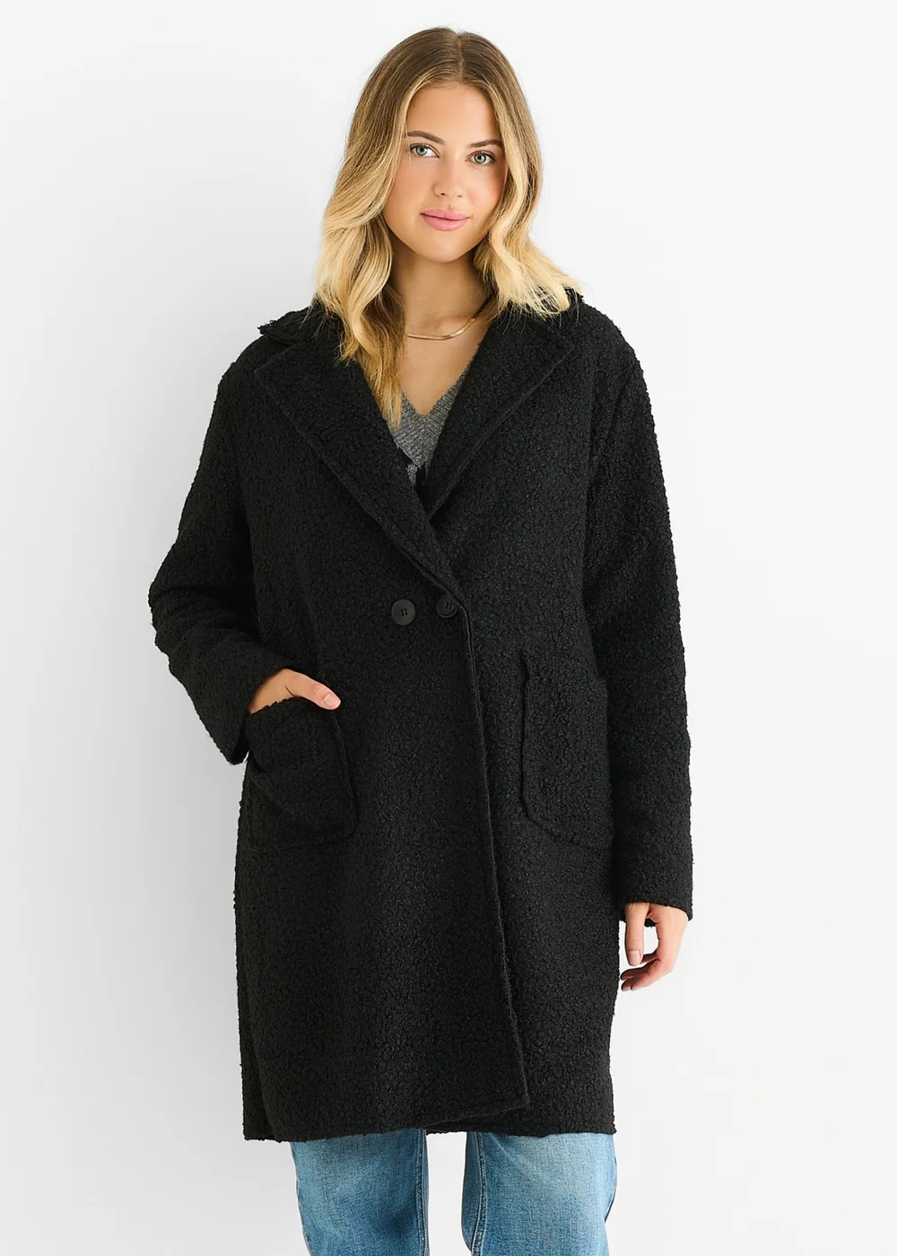 Gini London Black Shearling Mid Length Double Breasted Jacket - M/L Image 3