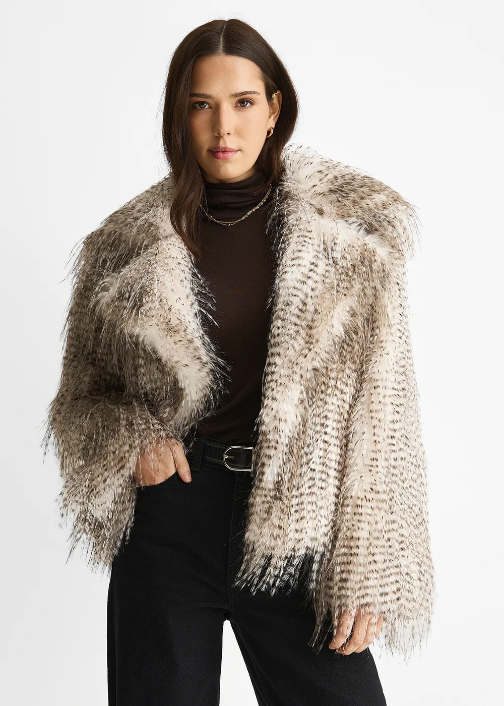 Gini London Brown Snow Leopard Faux Fur Short Jacket - M/L Image 3