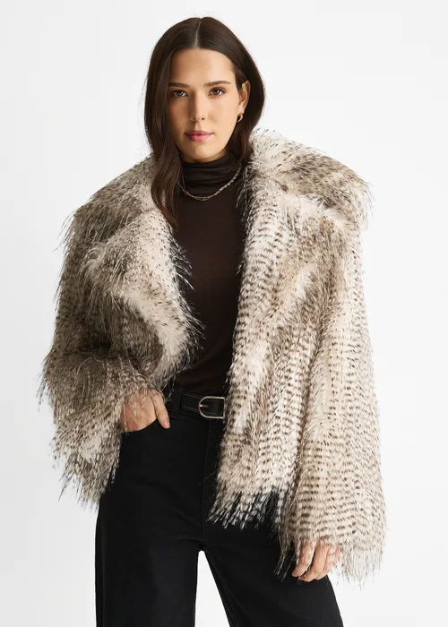 Gini London Brown Snow Leopard Faux Fur Short Jacket - M/L Image 3