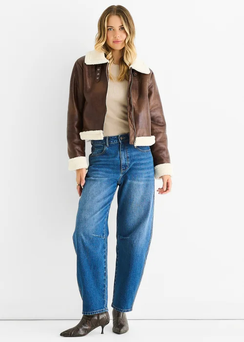 Gini London Brown Faux Leather Shearling Fur Aviator Jacket - 14 Image 1