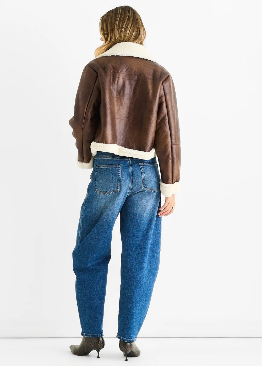 Gini London Brown Faux Leather Shearling Fur Aviator Jacket - 14 Image 2