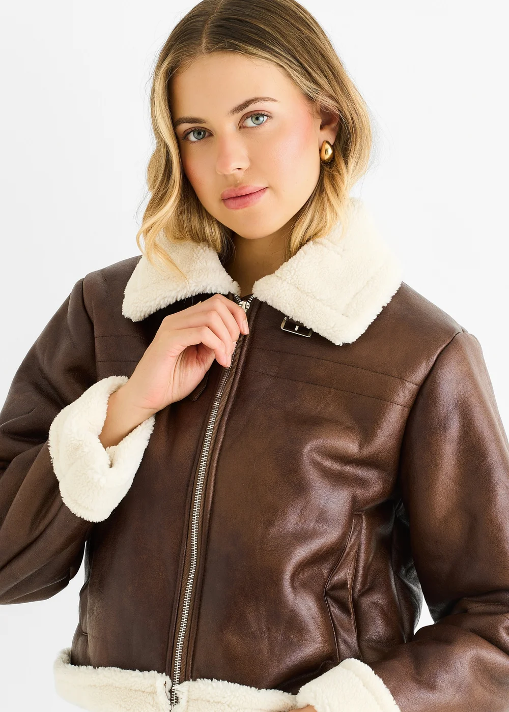 Gini London Brown Faux Leather Shearling Fur Aviator Jacket - 14 Image 3