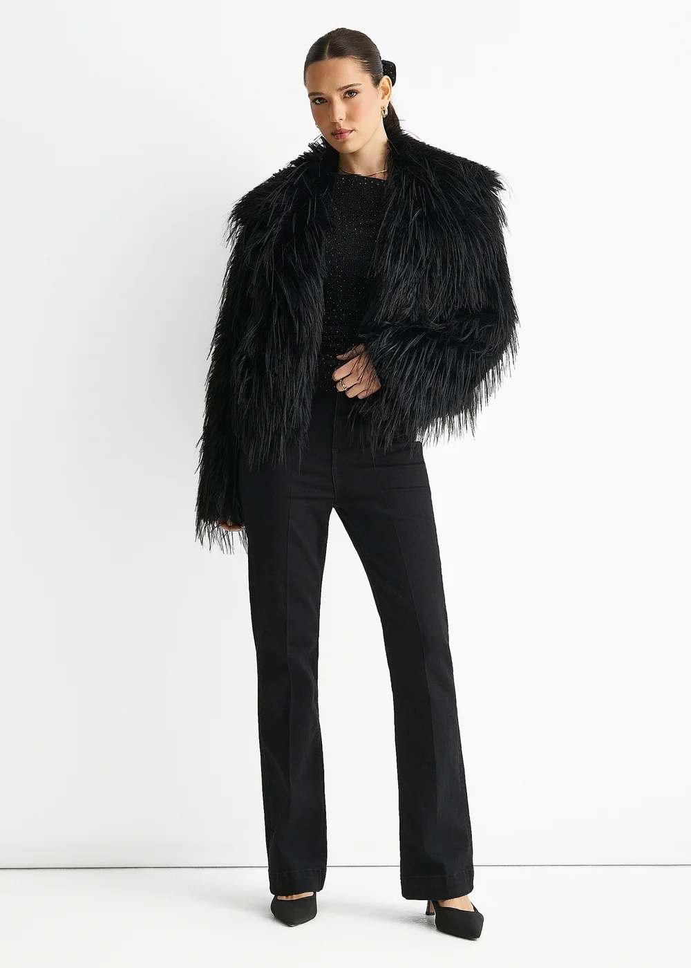 Gini London Black Plain Fringe Faux Fur Short Jacket - M/L Image 1