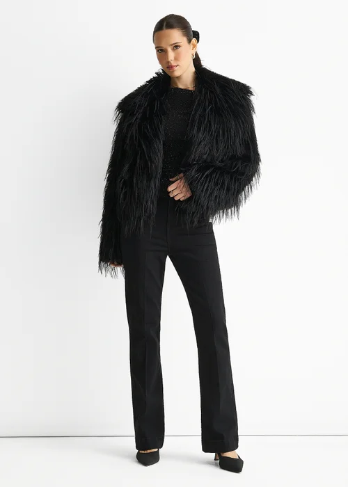 Gini London Black Plain Fringe Faux Fur Short Jacket - M/L Image 1