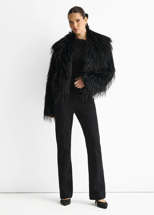 Gini London Black Plain Fringe Faux Fur Short Jacket