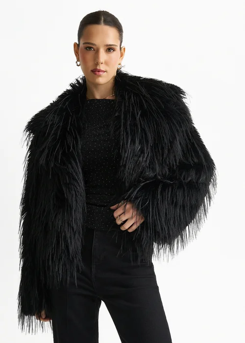 Gini London Black Plain Fringe Faux Fur Short Jacket - M/L Image 3