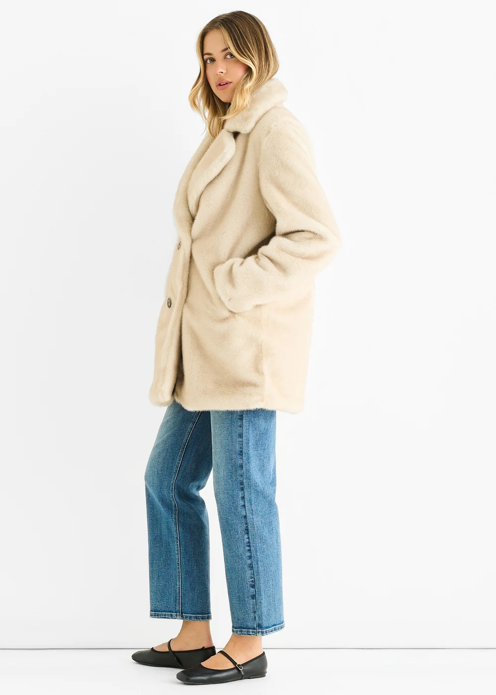 Gini London Beige Faux Fur Double Breasted Longline Jacket - L/XL Image 4
