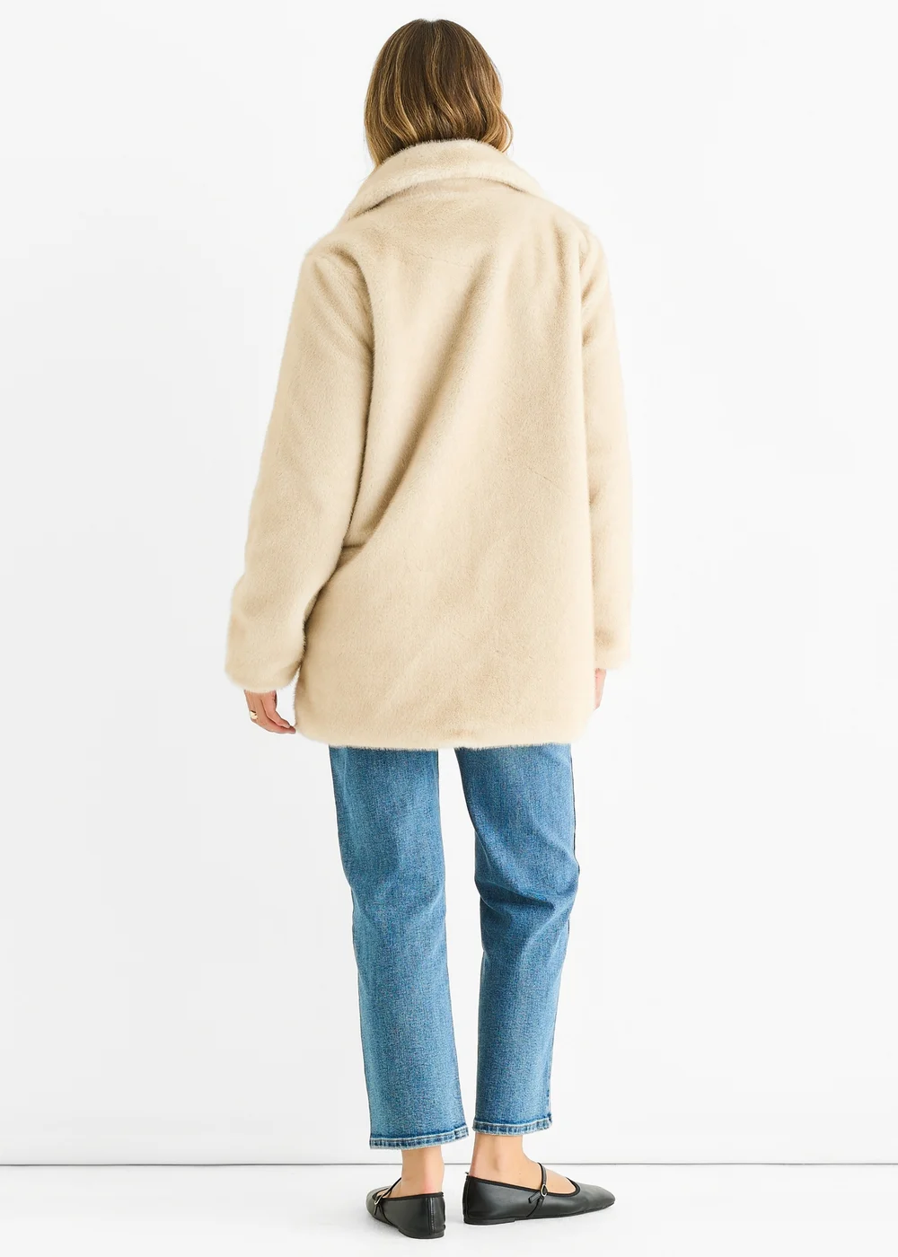Gini London Beige Faux Fur Double Breasted Longline Jacket - L/XL Image 2