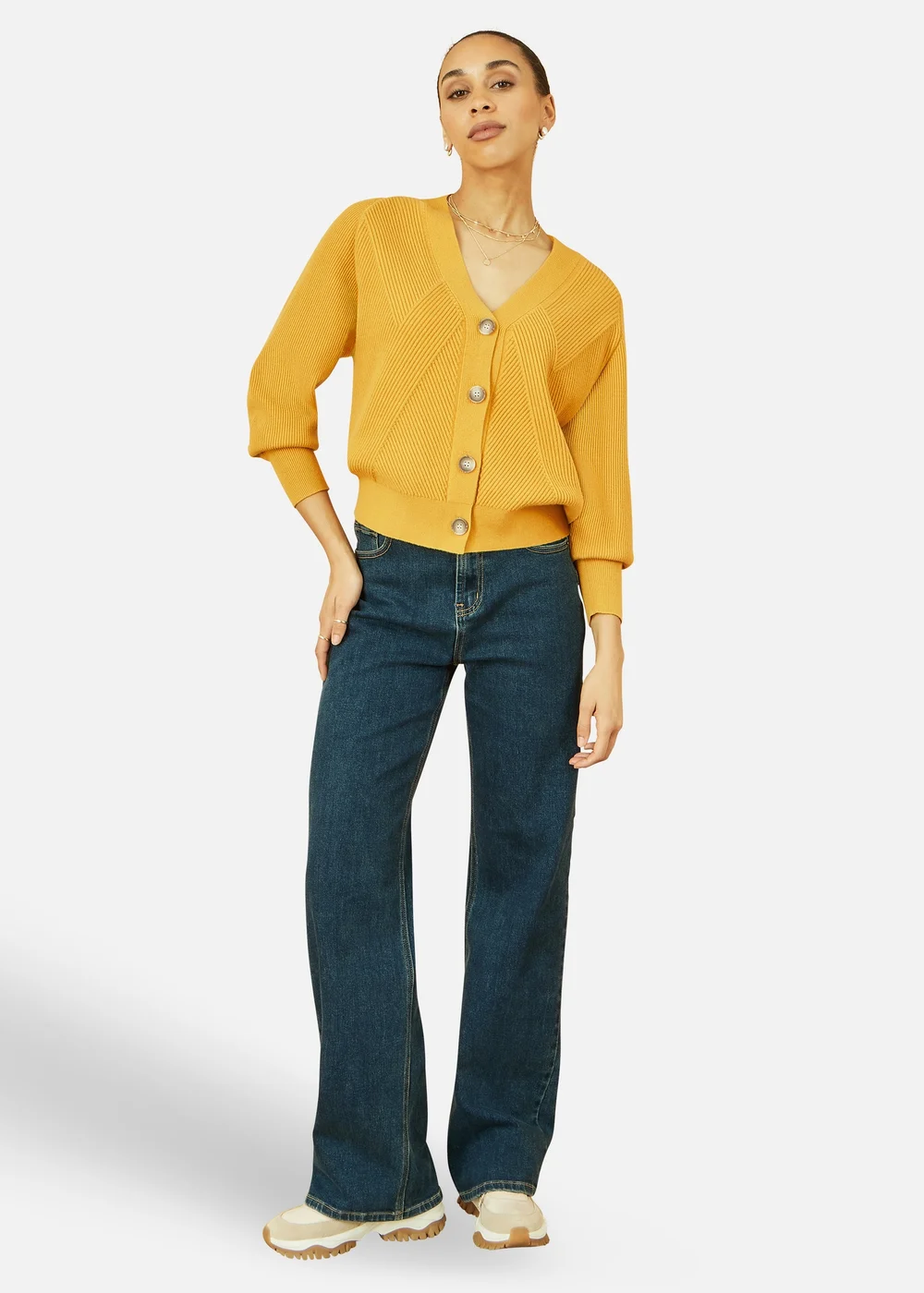 Yumi Mustard Knitted Stitch Detail Cardigan - S Image 1