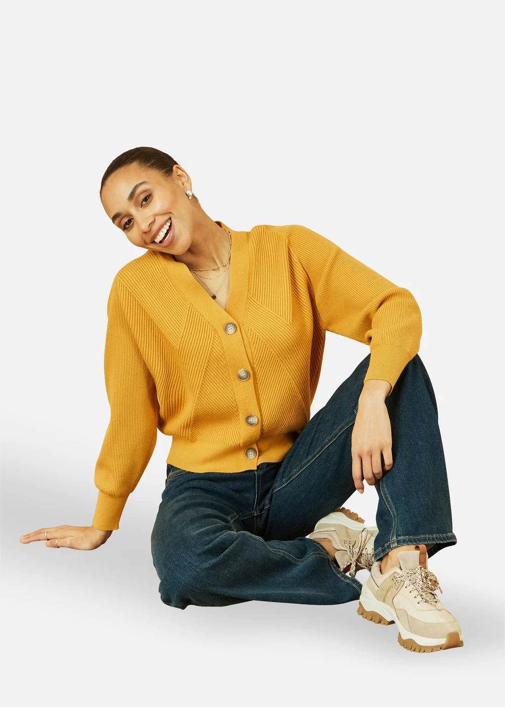 Yumi Mustard Knitted Stitch Detail Cardigan - S Image 3