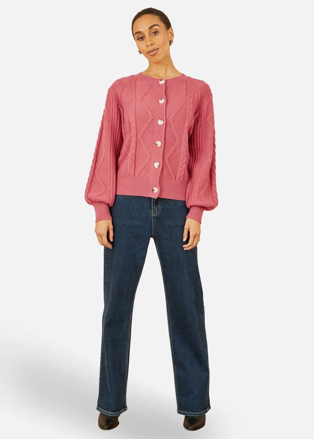 Yumi Pink Relaxed Fit Cable Cardigan - S Image 1