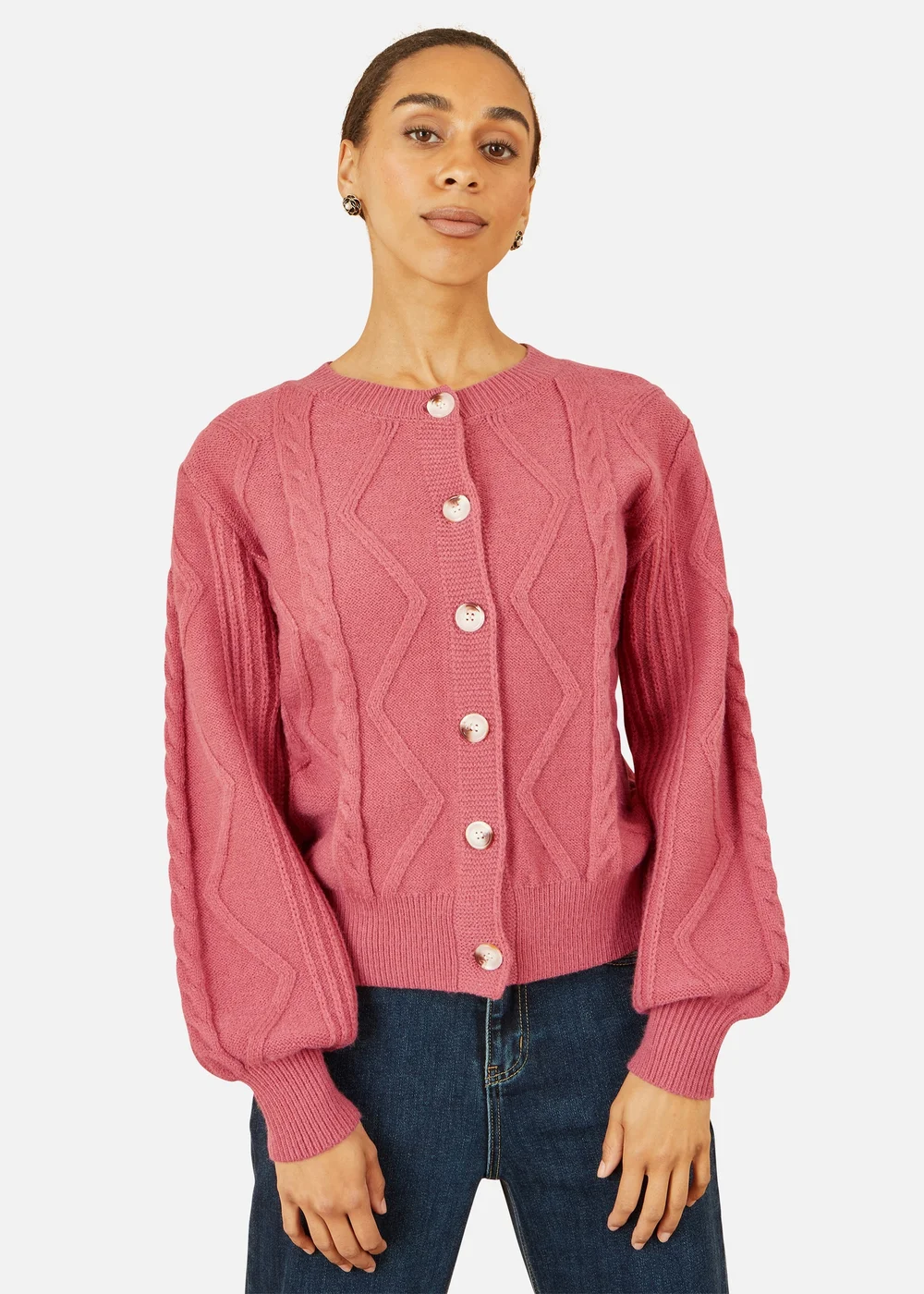 Yumi Pink Relaxed Fit Cable Cardigan - S Image 2