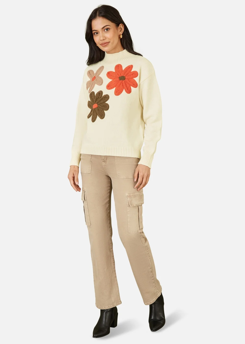 Yumi Ivory Knitted High Neck Jumper With Applique Flowers - S Image 2