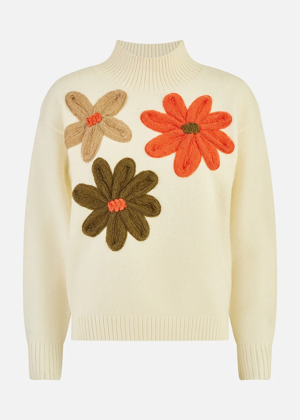 Yumi Ivory Knitted High Neck Jumper With Applique Flowers - S Image 4