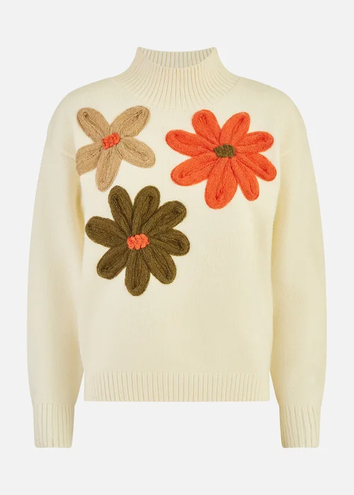 Yumi Ivory Knitted High Neck Jumper With Applique Flowers - S Image 4