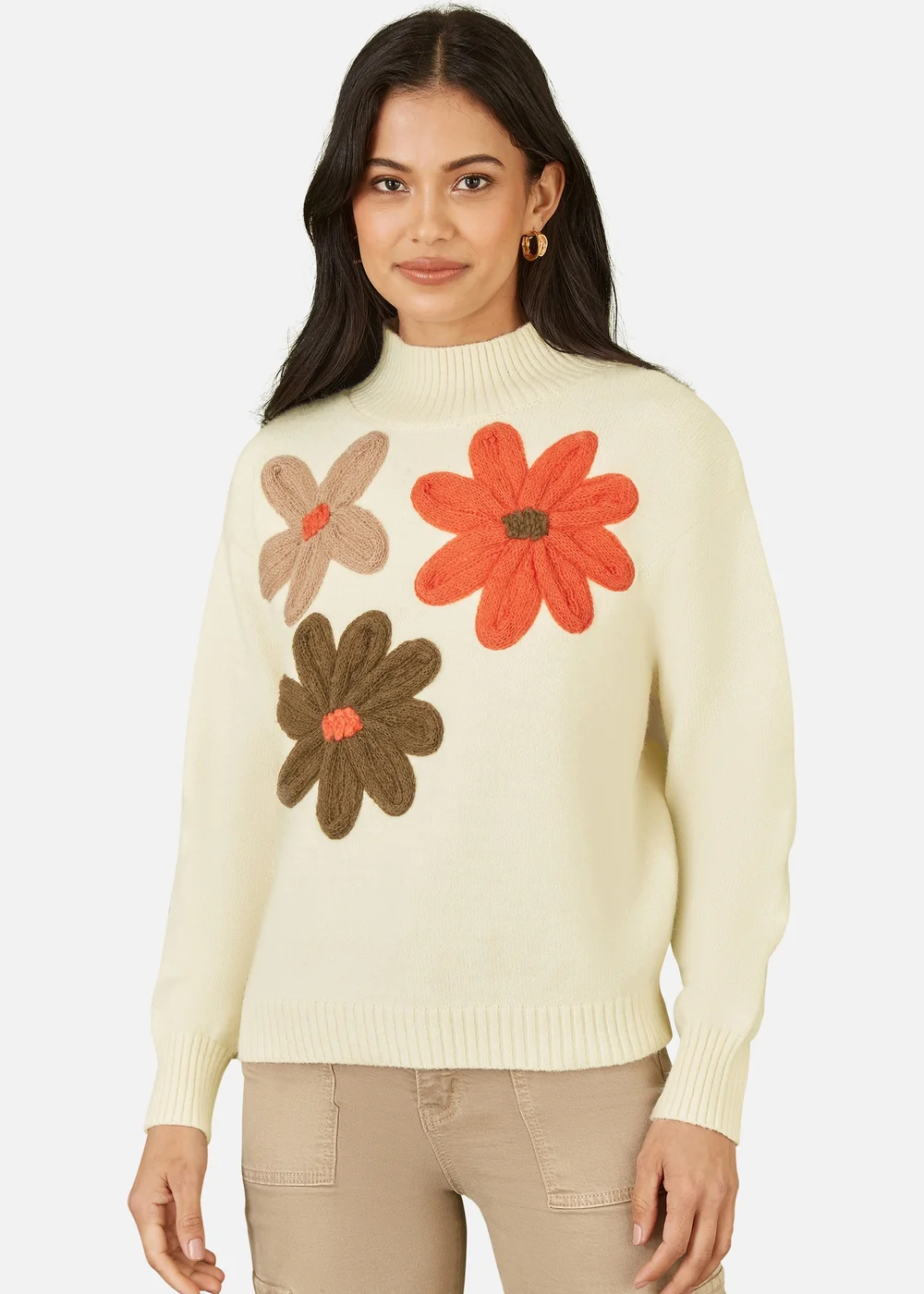 Yumi Ivory Knitted High Neck Jumper With Applique Flowers - S Image 1
