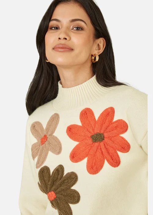 Yumi Ivory Knitted High Neck Jumper With Applique Flowers - S Image 3