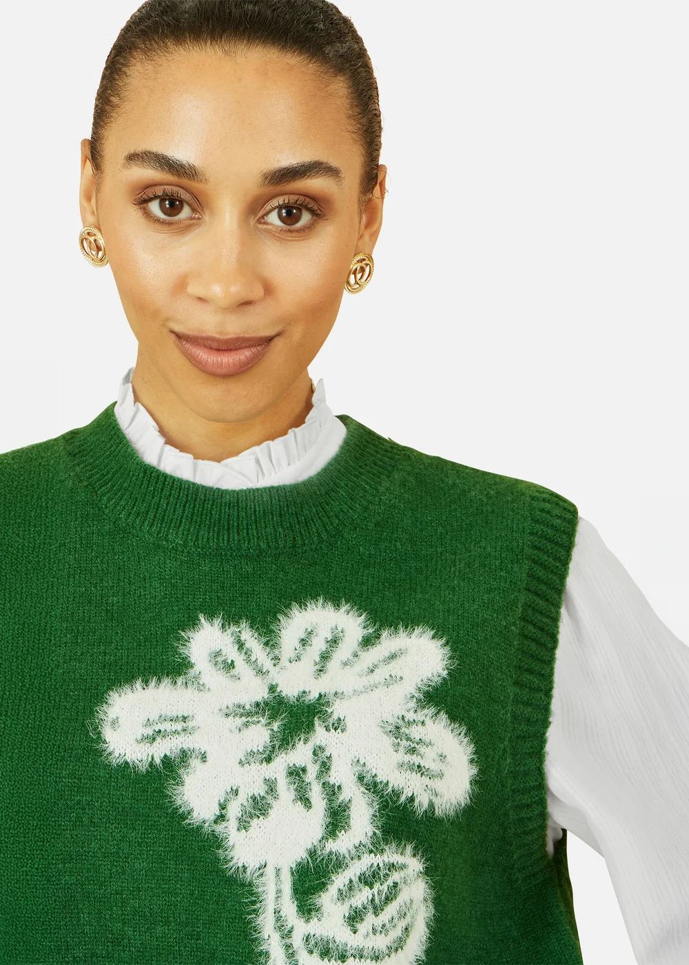 Yumi Green Knitted Flower Sleeveless Jumper Vest - M Image 2