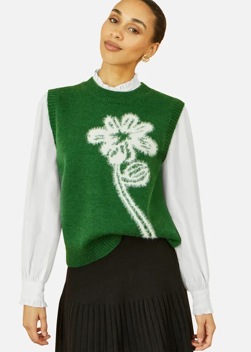 Yumi Green Knitted Flower Sleeveless Jumper Vest - M Image 3