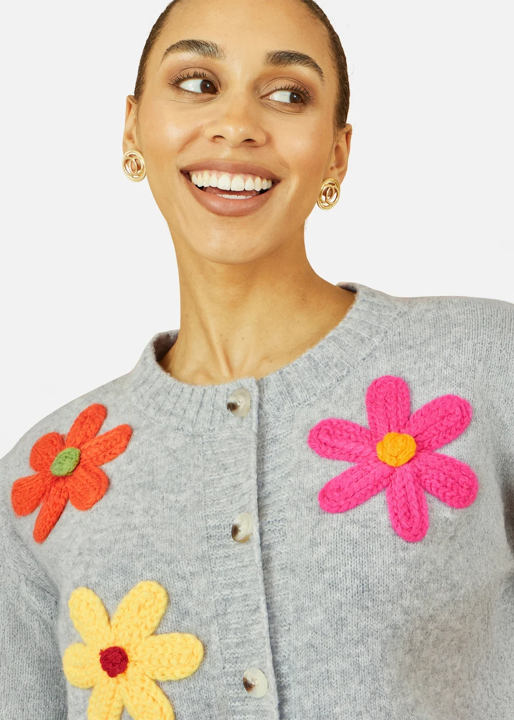 Yumi Grey Knitted Flower Applique Cardigan - S Image 2