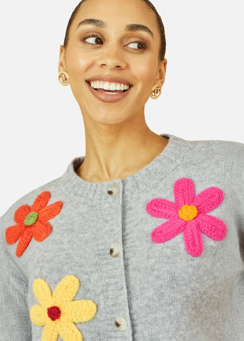 Yumi Grey Knitted Flower Applique Cardigan - S Image 2