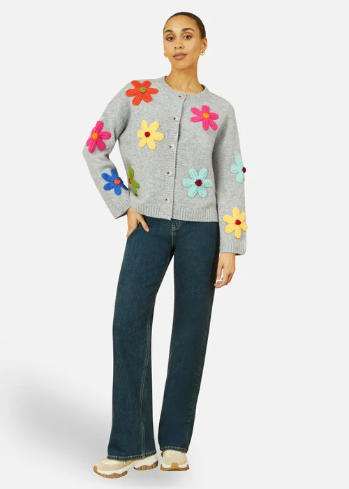 Yumi Grey Knitted Flower Applique Cardigan - S Image 1