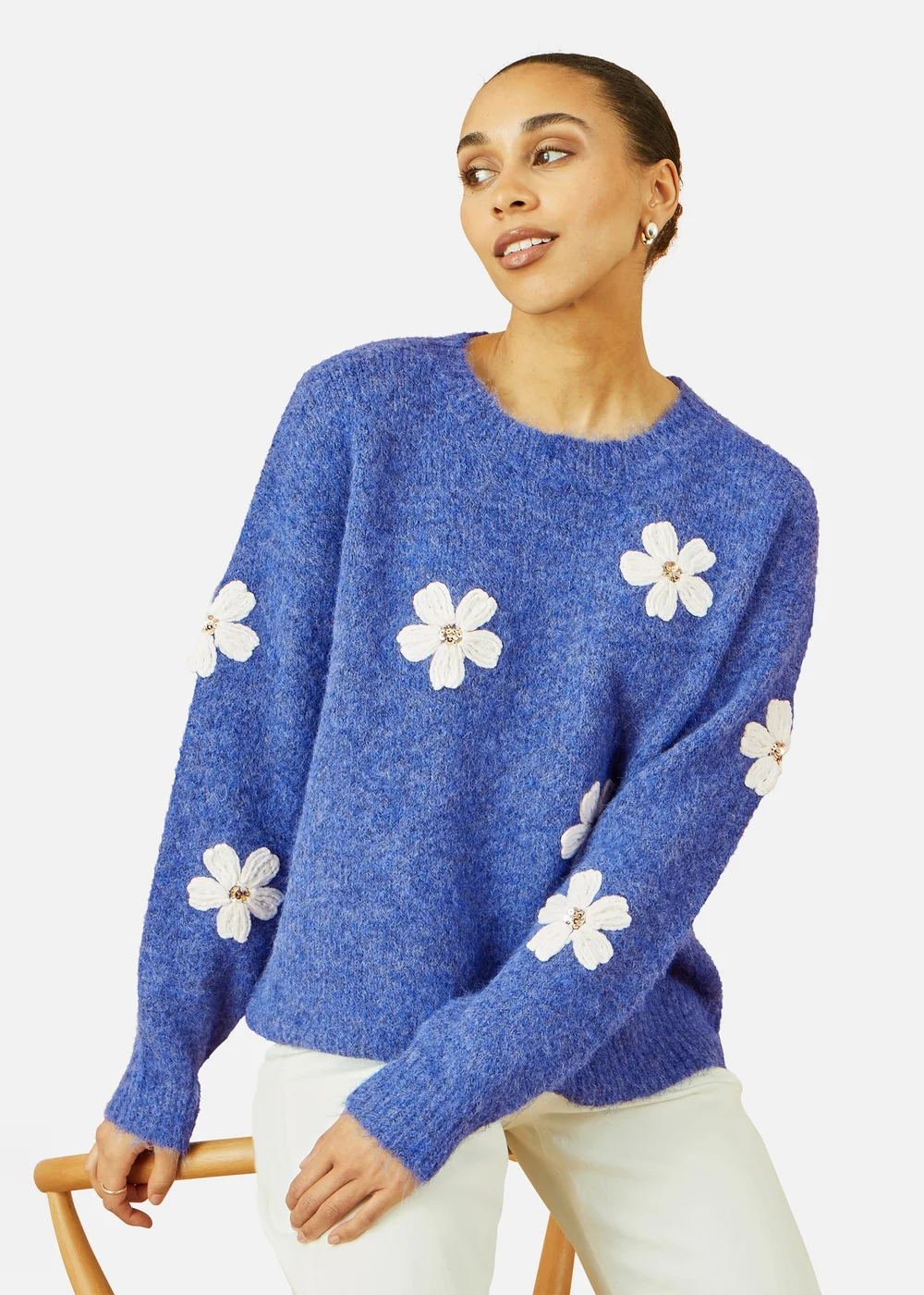 Yumi Blue Relaxed Jumper With Crochet Flowers - L Image 2