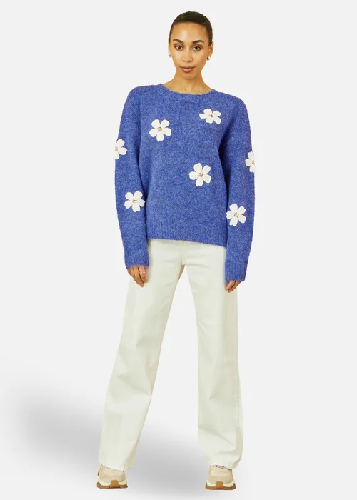 Yumi Blue Relaxed Jumper With Crochet Flowers - L Image 1