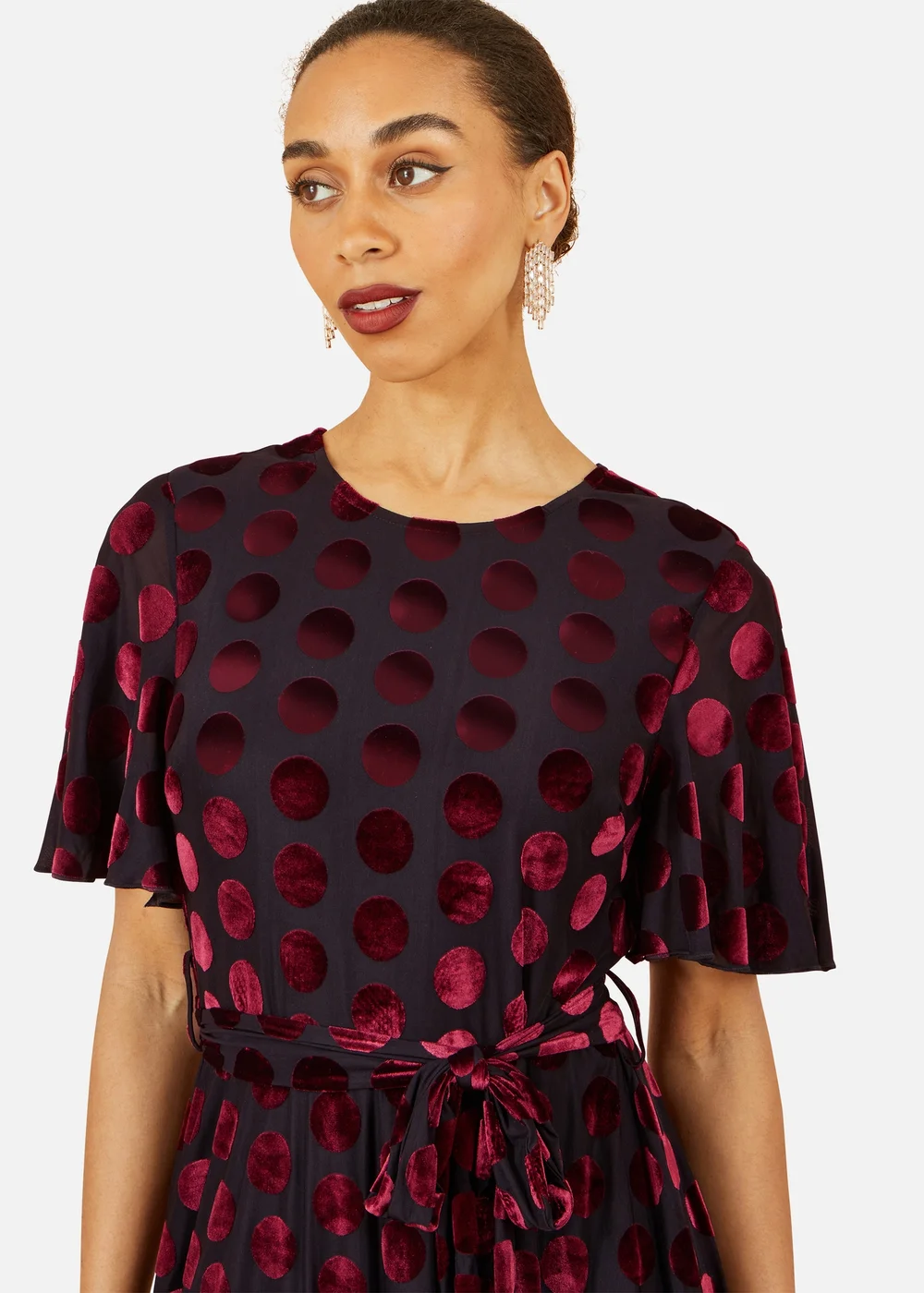 Yumi Burgundy Velour Spot Midi Skater Dress - 8 | Matalan Yumi Burgundy Velour Spot Midi Skater Dress - 8 | Matalan