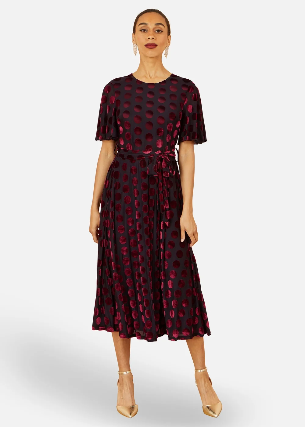 Yumi Burgundy Velour Spot Midi Skater Dress - 8 | Matalan Yumi Burgundy Velour Spot Midi Skater Dress - 8 | Matalan