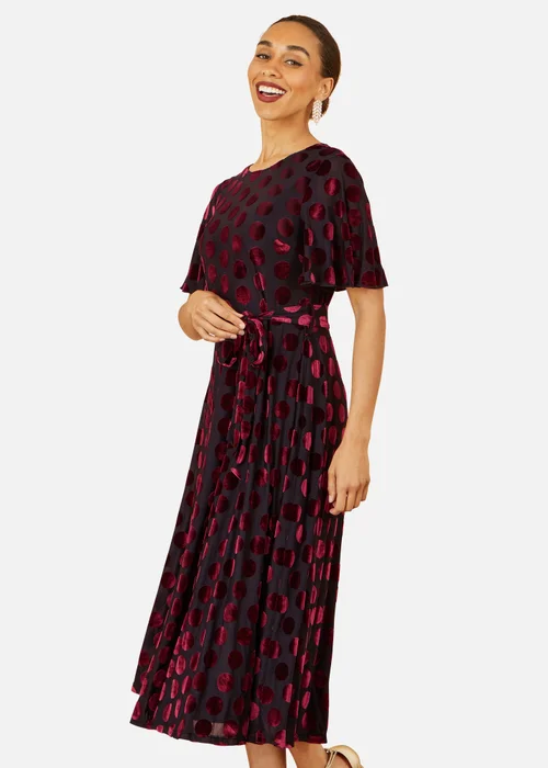 Yumi Burgundy Velour Spot Midi Skater Dress - 8 Image 2