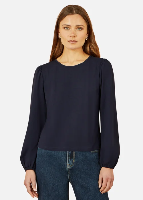 Yumi Navy Stretch Cotton Jersey Long Sleeve Top - 12 Image 2