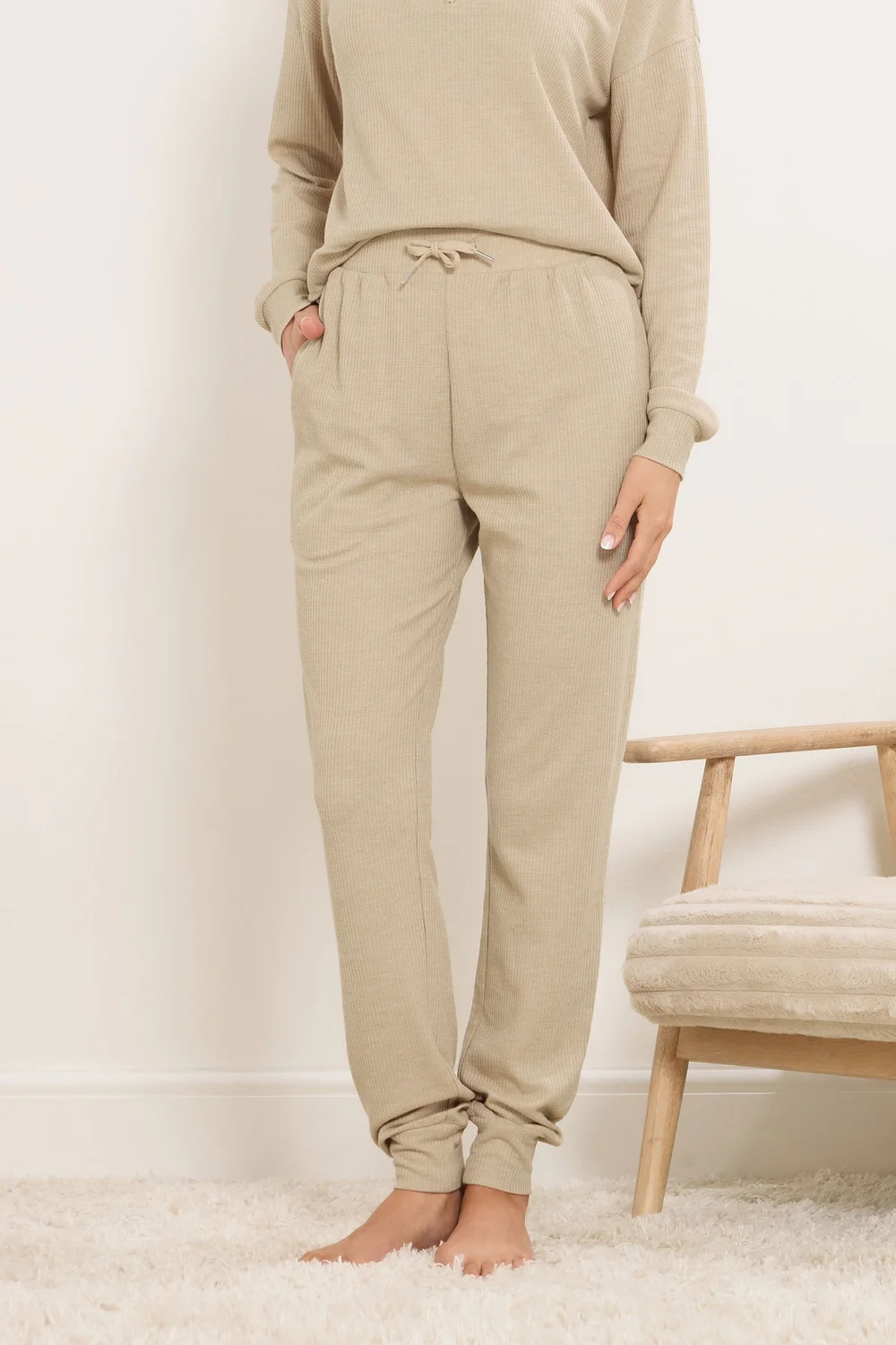 Long Tall Sally Beige Brown Waffle Lounge Trousers - Size 8 Image 2